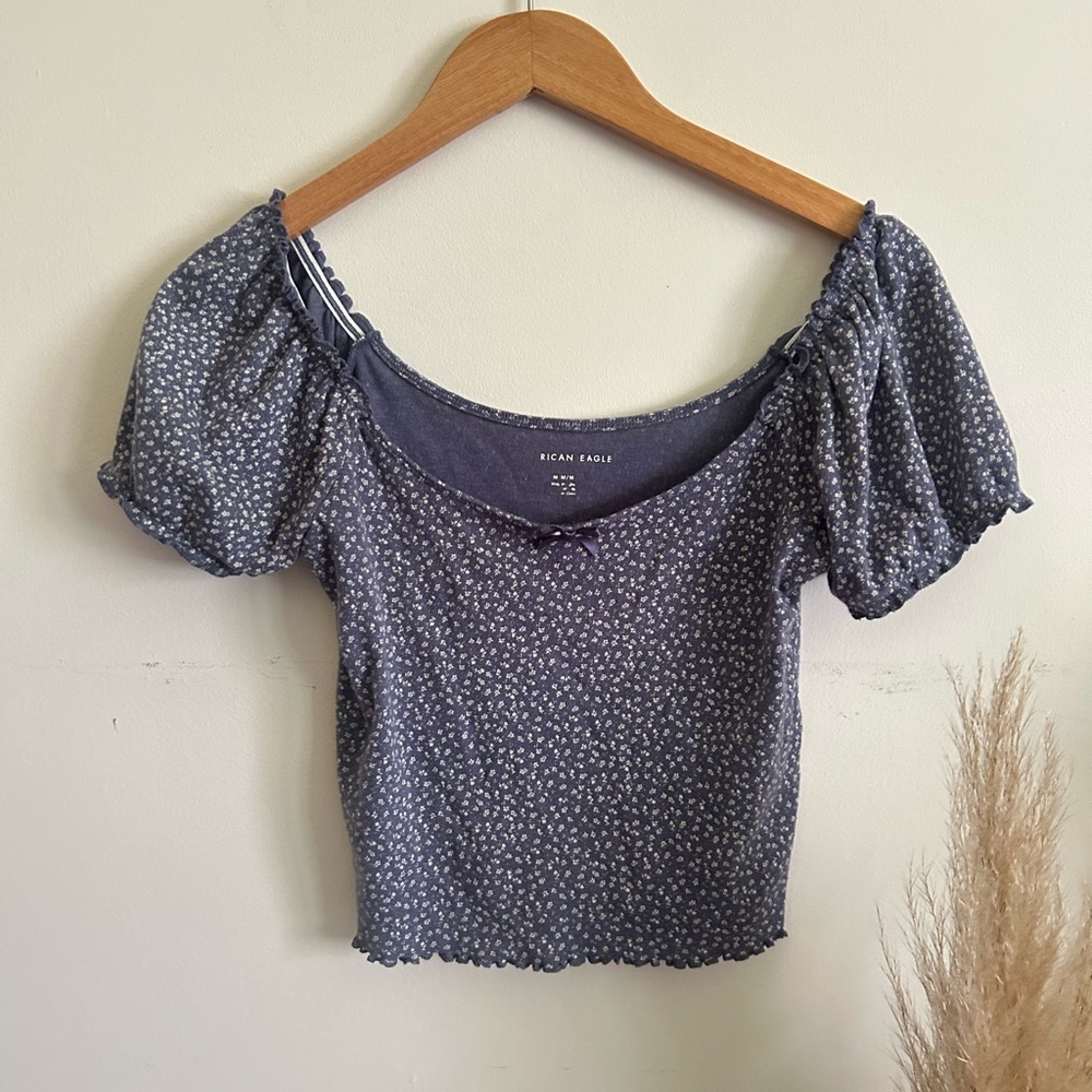 American Eagle Outfitters Blue Floral Puff-Sleeve Crop Top